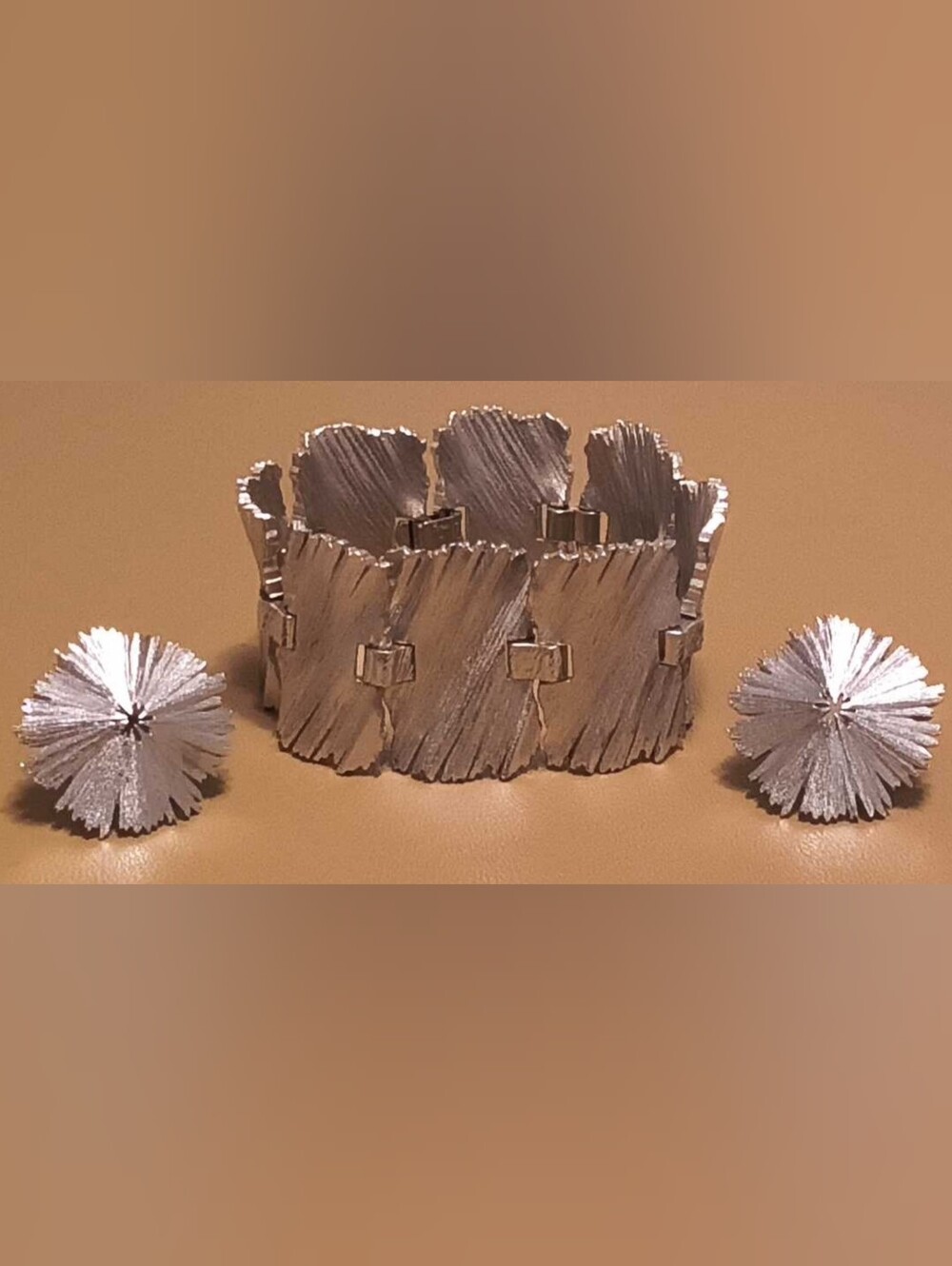Vintage CROWN TRIFARI Silver Tone Textured Panel Bracelet & Fan Earrings Set